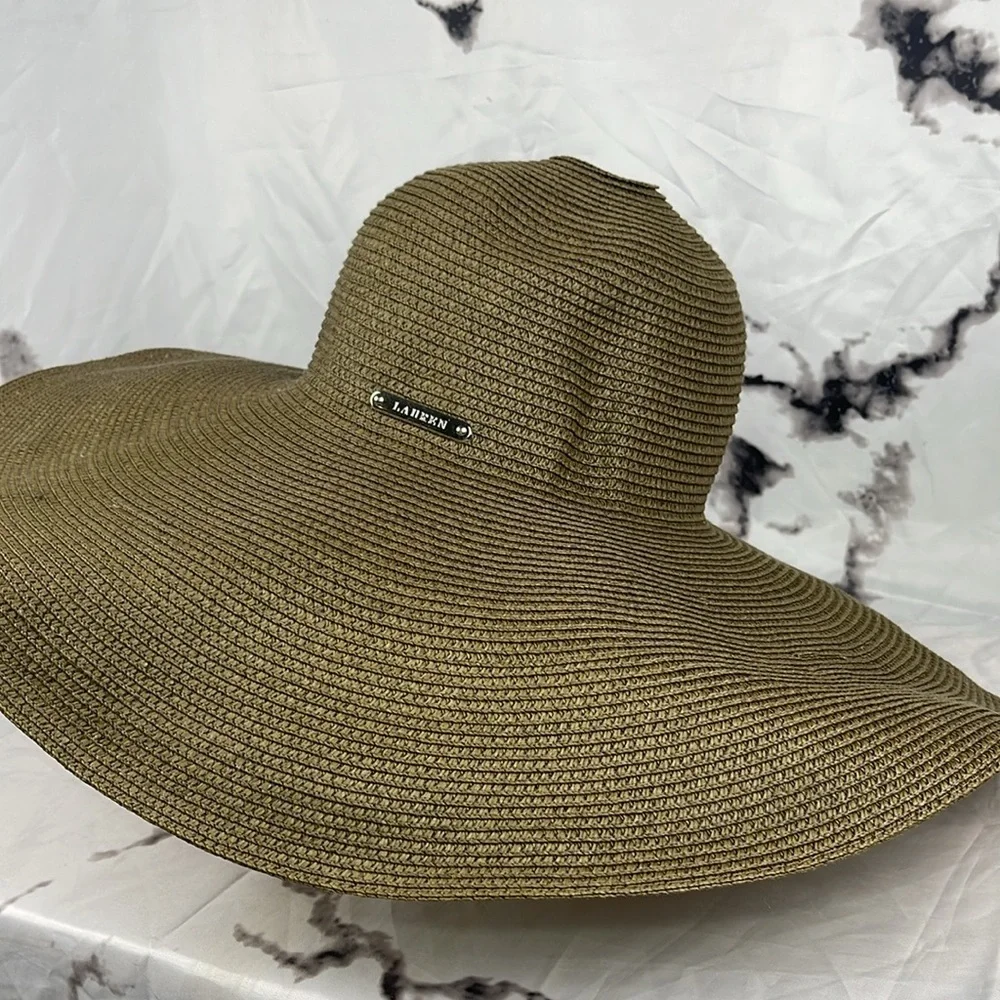Lauren Ralph Lauren Straw Sunhat Floppy Wide Brim Two-Tone Brand Plaque Size M - Picture 5 of 10